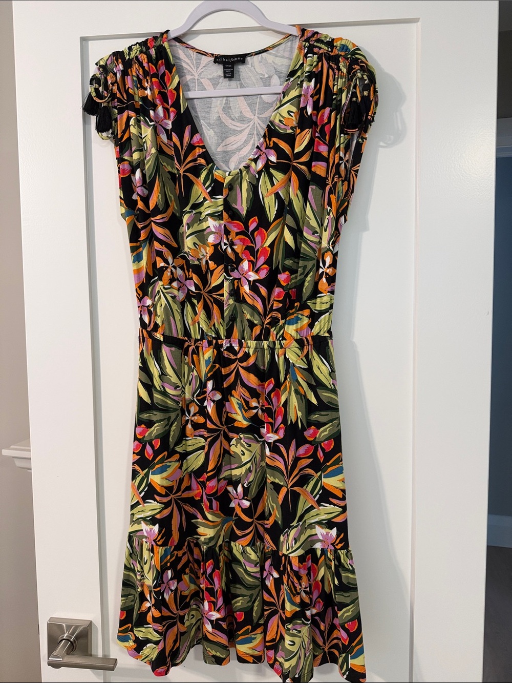 Tribal Black Tropical Floral V-Neck Midi Dress